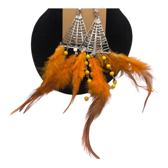 Boho Chic Pattern Metal Chandelier With Beads And Orange Feathers Earrings - Picture 11 of 12